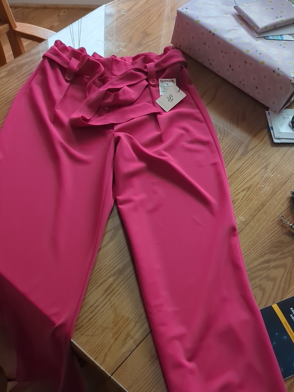 T.J.Maxx Bright Pink Paperbag Waist Wide-Leg Pants